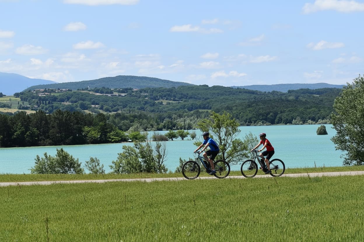 Couple à vélo au lac de Montbel