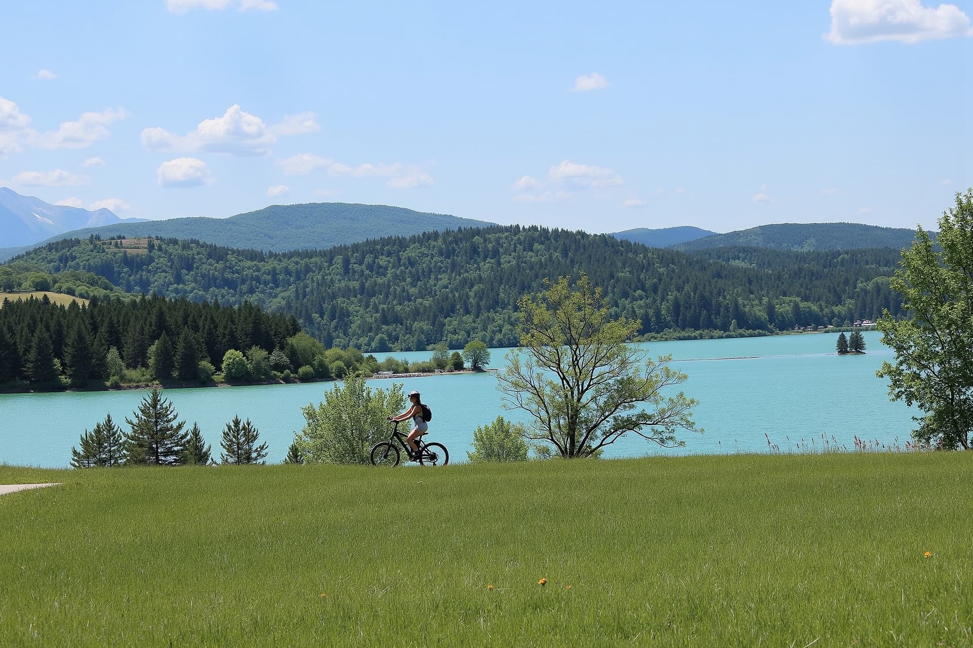 Cycliste au bord du lac de Montbel