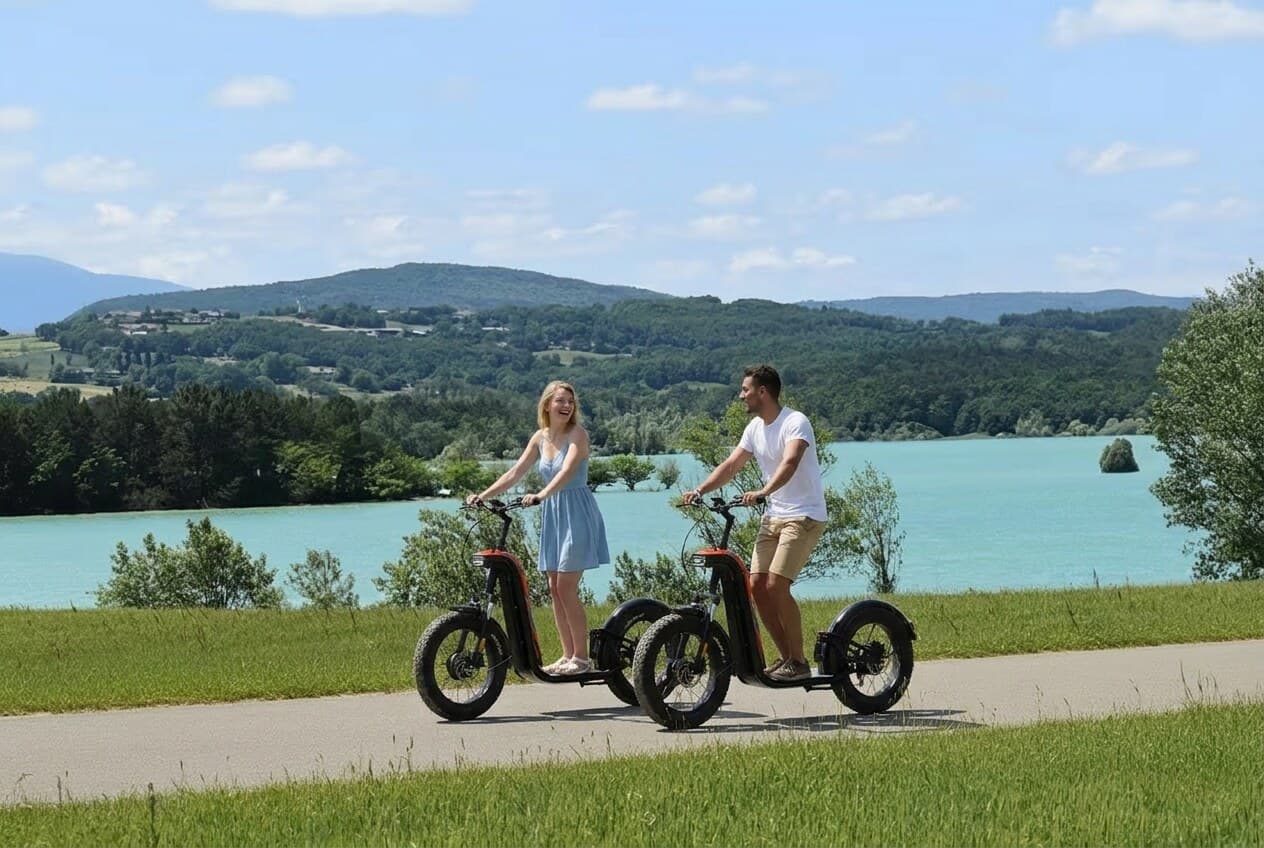 Couple en trottinette électrique au lac de Montbel