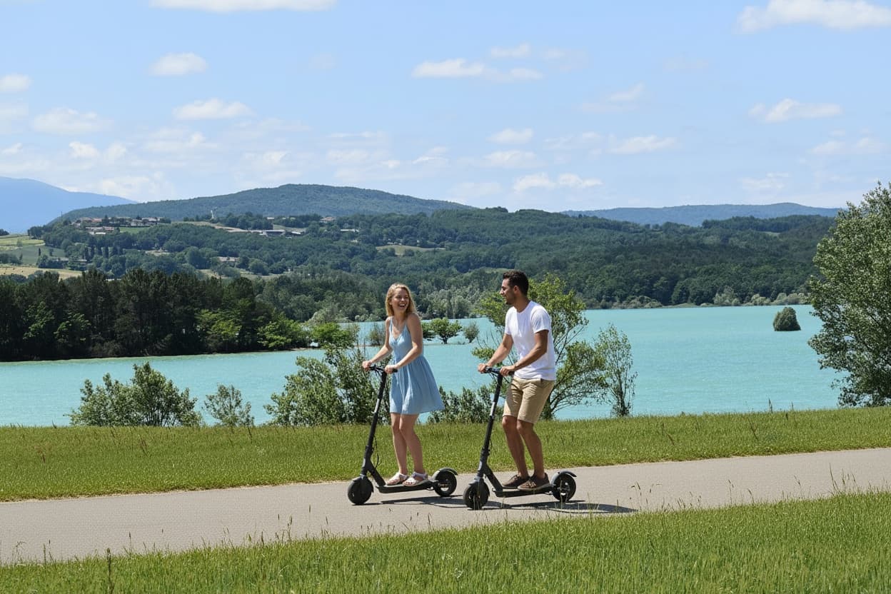 Couple en trottinette électrique au lac de Montbel