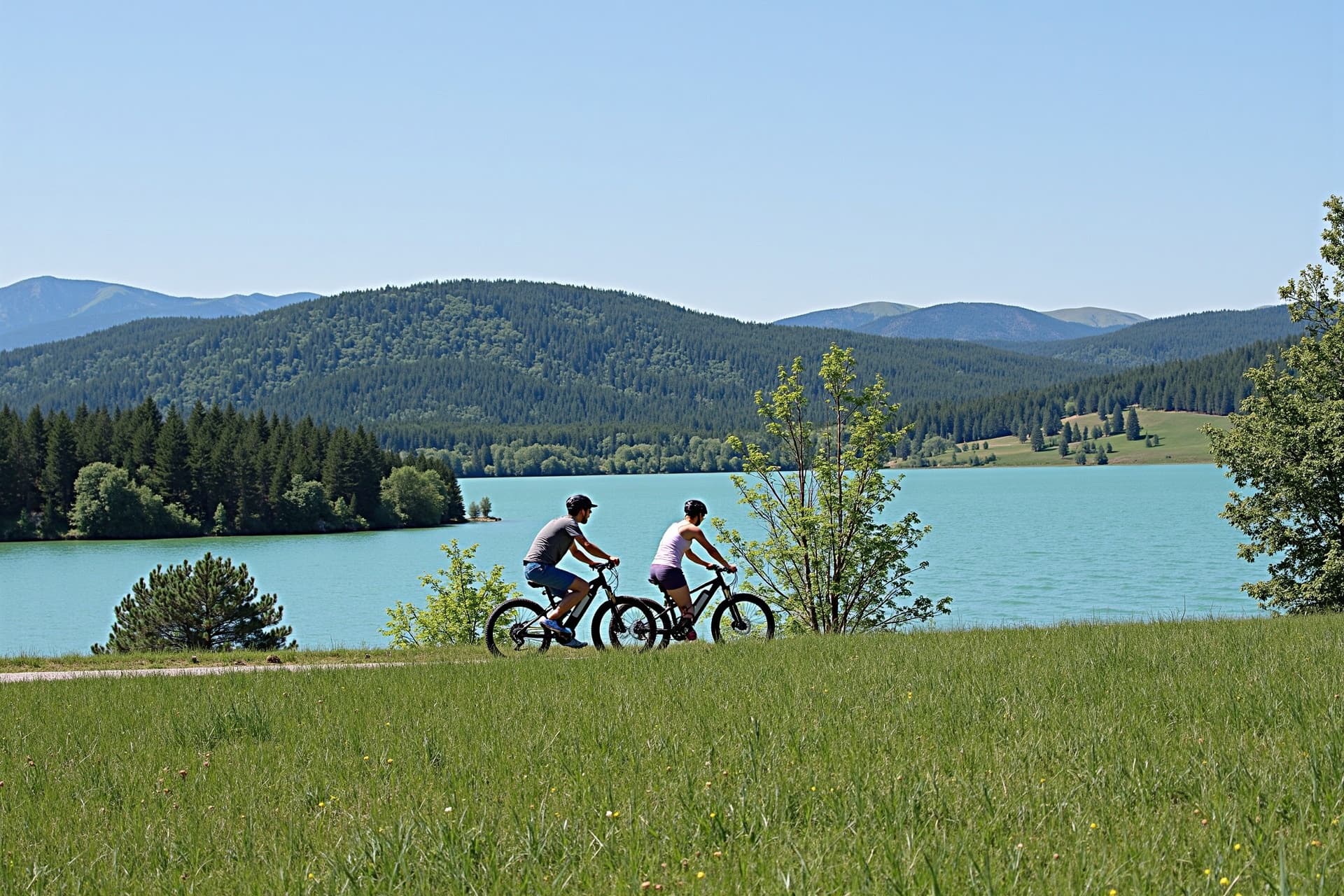 Famille en vélo électrique au lac de Montbel